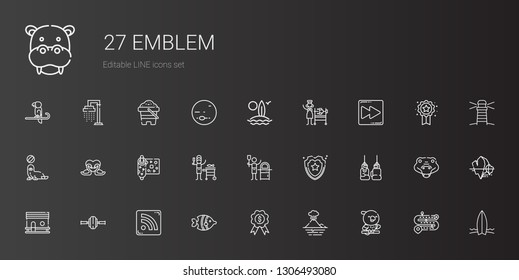 Emblem Icons Set. Collection Of Emblem With Parrot, Volcano, Medal, Fish, Rss Feed, Wheel, Chicken Coop, Boxing Glove, Shield, Pizza, Wrapping. Editable And Scalable Emblem Icons.