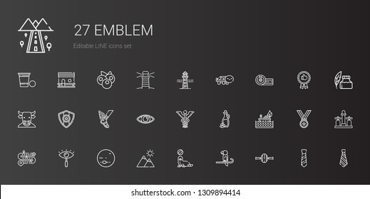 emblem icons set. Collection of emblem with wheel, parrot, seal, mountain, neptune, eye, road, fire, olive oil, caduceus, hermes, medal, minotaur. Editable and scalable emblem icons.