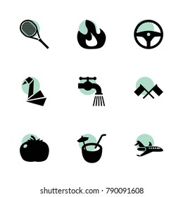 Emblem icons. vector collection filled emblem icons set.. includes symbols such as fire, tomato, steering wheel, water tap, flags, origami. use for web, mobile and ui design.