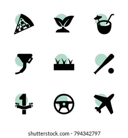 Emblem icons. vector collection filled emblem icons set.. includes symbols such as sprouting, steering wheel, funnel, baseball, pizza. use for web, mobile and ui design.