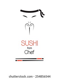 Emblem idea for Japanese restaurant sushi menu design with chef and chopsticks