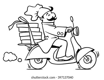 Emblem or illustration of funny pizza chef or baker rides a scooter or motobike with boxes of pizza, like courier or delivery boy.  Children vector illustration. Black and white version. Cartoon