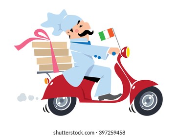 Emblem or illustration of funny pizza chef or baker rides a scooter or motobike with boxes of pizza, like courier or delivery boy.  Children vector illustration. Cartoon