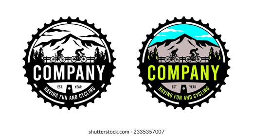 El logotipo de la ilustración del emblema presenta un diseño en forma de engranaje con una fusión de elementos, entre ellos un ciclista, un majestuoso pico de montaña y pinos. 