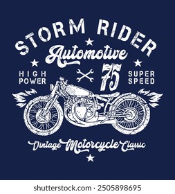 Emblem illustration with old motorcycle silhouette compared with lettering.