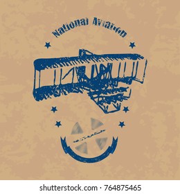 Emblem with the image of an airplane in retro style on a brown vintage background