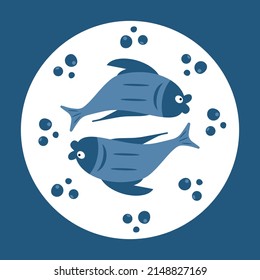 Emblem with the image of fish with bubbles in blue tones