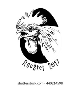 Emblem with image of a rooster portrait. Vector illustration.