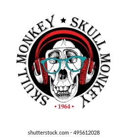 Emblem with image of a skull monkey in a red headphones and in a green glasses. Vector illustration.