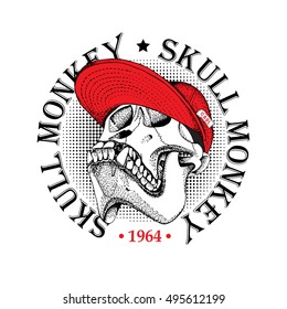 Emblem with image of a skull monkey in a red cap. Vector illustration.