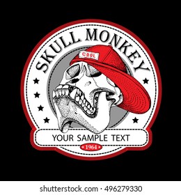 Emblem with image of a skull monkey in a red cap. Vector illustration.