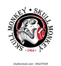 Emblem with image of a skull monkey in a red headphones. Vector illustration.