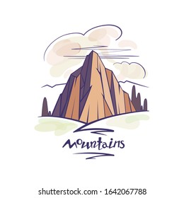 Emblem, an image of a stylized, mountain landscape with a manual inscription on a white background, created in vector graphics format.