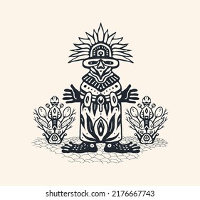 Emblem with Indian shaman of South America. Stylized tribal graphics, design element. Vector illustration