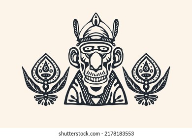 Emblem with Indian shaman of South America. Stylized tribal graphics, design element. Vector illustration