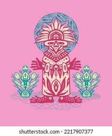 Emblem with Indian shaman of South America. Stylized tribal graphics, design element. Vector illustration