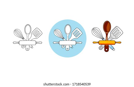 Emblem with isolated objects rolling pin, whisk, spatula and spoon in a linear and color style for design. Set of vector logo illustrations for cafe, bakery, cooking courses and classes. 