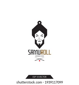 Emblem for a Japanese food store. Rolls and sushi. Samurai and rolls logo. Oriental food restaurant. Pizza and sushi emblem.