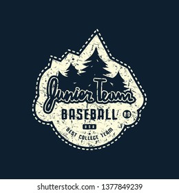 Emblem of junior baseball team with rough texture. Graphic design for sticker and t-shirt. White print on black background