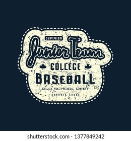 Emblem of junior baseball team with rough texture. Graphic design for sticker and t-shirt. White print on black background