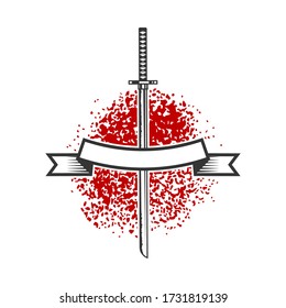 Emblema con espadas de katana. Elemento de diseño para logotipo, etiqueta, cartel, afiche, camiseta. Ilustración del vector
