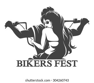 Emblem or label of Bikers Festival. Young Man and woman ride a motorcycle. Only free font used. Isolated on white background.