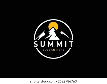 Emblem Label Logo design of Top Summit Peak with Sun or Moon for Mountain Adventure Outdoor Business