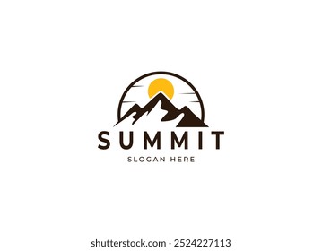 Emblem Label Logo design of Top Summit Peak with Sun or Moon for Mountain Adventure Outdoor Business