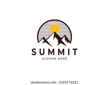 Emblem Label Logo design of Top Summit Peak with Sun or Moon for Mountain Adventure Outdoor Business