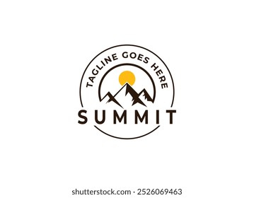 Emblem Label Logo design of Top Summit Peak with Sun or Moon for Mountain Adventure Outdoor Business