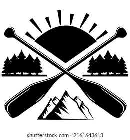 Emblem, label logo on the theme of tourism, recreation and fishing outdoors, Vector illustration panorama