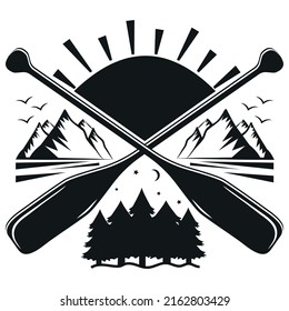 Emblem, label logo on the theme of tourism, recreation and fishing outdoors, Vector illustration panorama.