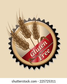 Emblem or label with a red ribbon banner with the text - Gluten Free - wrapped aroung three ripe golden ears of wheat on a round cartouche.  Vector illustration.