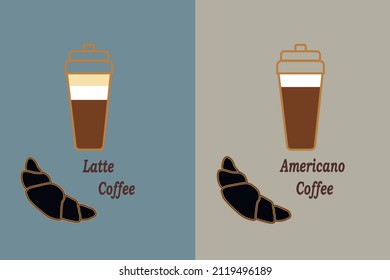 Emblem of latte and american coffee with croissant, cups of coffee and tea