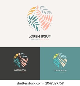 Emblem mit Blättern in Kreisform. Kann für Schmuck-, Beauty- und Modebranche verwendet werden. Ideal für Logo, Monogramm, Einladung, Flyer, Menü, Hintergrund oder jede gewünschte Idee.