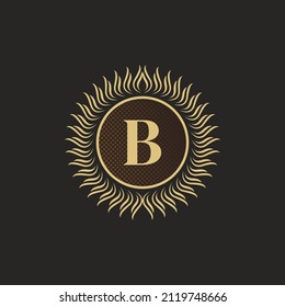 Emblem Letter B Gold Monogram Design. Luxury Volumetric Logo Template. 3D Line Ornament for Business Sign, Badge, Crest, Label, Boutique Brand, Hotel, Restaurant, Heraldic. Vector Illustration
