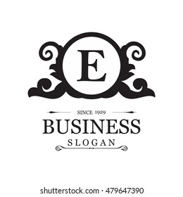 Emblem Letter E logo. Vintage luxury emblem. Flourishes calligraphic Monogram design elements, Elegant Calligraphic pattern on vector logo. Black and white monogram vector illustration