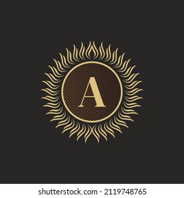 Emblem Letter A Gold Monogram Design. Luxury Volumetric Logo Template. 3D Line Ornament for Business Sign, Badge, Crest, Label, Boutique Brand, Hotel, Restaurant, Heraldic. Vector Illustration