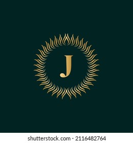 Emblem Letter J Weaving Circle Monogram Graceful Template. Simple Logo Design for Luxury Crest, Royalty, Business Card, Boutique, Hotel, Heraldic. Calligraphic Vintage Border. Vector Illusration