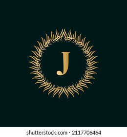 Emblem Letter J Weaving Circle Monogram Graceful Template. Simple Logo Design for Luxury Crest, Royalty, Business Card, Boutique, Hotel, Heraldic. Calligraphic Vintage Border. Vector Illustration