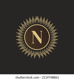 Emblem Letter N Gold Monogram Design. Luxury Volumetric Logo Template. 3D Line Ornament for Business Sign, Badge, Crest, Label, Boutique Brand, Hotel, Restaurant, Heraldic. Vector Illustration