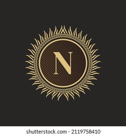 Emblem Letter N Gold Monogram Design. Luxury Volumetric Logo Template. 3D Line Ornament for Business Sign, Badge, Crest, Label, Boutique Brand, Hotel, Restaurant, Heraldic. Vector Illustration