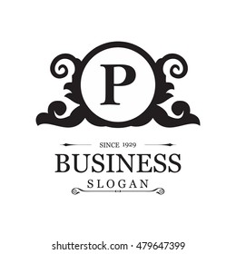 Emblem Letter P logo. Vintage luxury emblem. Flourishes calligraphic Monogram design elements, Elegant Calligraphic pattern on vector logo. Black and white monogram vector illustration