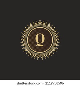 Emblem Letter Q Gold Monogram Design. Luxury Volumetric Logo Template. 3D Line Ornament for Business Sign, Badge, Crest, Label, Boutique Brand, Hotel, Restaurant, Heraldic. Vector Illustration