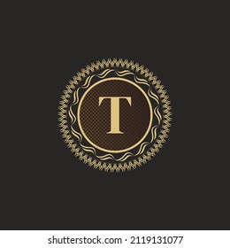 Emblem Letter T Gold Monogram Design. Luxury Volumetric Logo Template. 3D Line Ornament for Business Sign, Badge, Crest, Label, Boutique Brand, Hotel, Restaurant, Heraldic. Vector Illustration