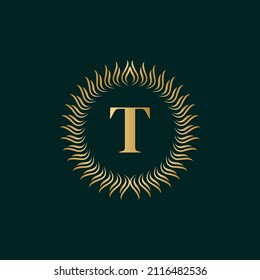 Emblem Letter T Weaving Circle Monogram Graceful Template. Simple Logo Design for Luxury Crest, Royalty, Business Card, Boutique, Hotel, Heraldic. Calligraphic Vintage Border. Vector Illusration