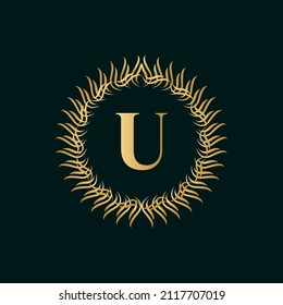 Emblem Letter U Weaving Circle Monogram Graceful Template. Simple Logo Design for Luxury Crest, Royalty, Business Card, Boutique, Hotel, Heraldic. Calligraphic Vintage Border. Vector Illustration