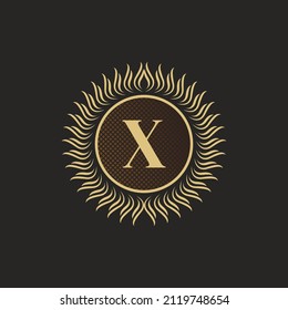 Emblem Letter X Gold Monogram Design. Luxury Volumetric Logo Template. 3D Line Ornament for Business Sign, Badge, Crest, Label, Boutique Brand, Hotel, Restaurant, Heraldic. Vector Illustration