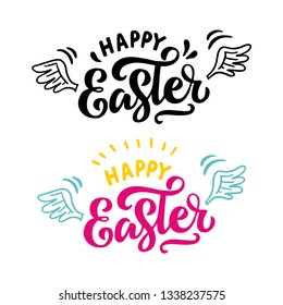 Emblem Lettering set Happy Easter hand drawn on white background. Phrase flying on wings. Great print for t-shirts, a wonderful quote for a postcard, a poster or a logo.