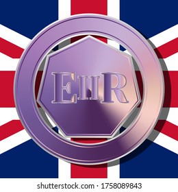 Emblema con las letras EIIR sobre el fondo de la bandera de Gran Bretaña EPS10